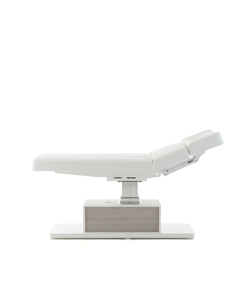 The Ben - White massage treatment table with gray oak pattern details - with motor - with adjustable armrests